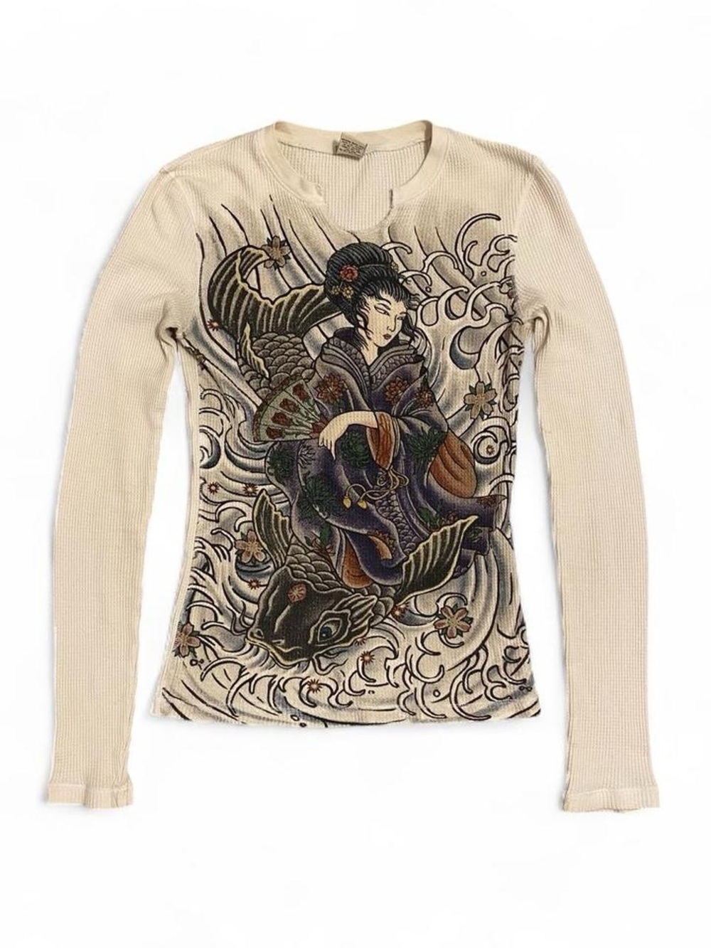 Lucky Brand Koi Fish & Geisha Henley Long Sleeve Top